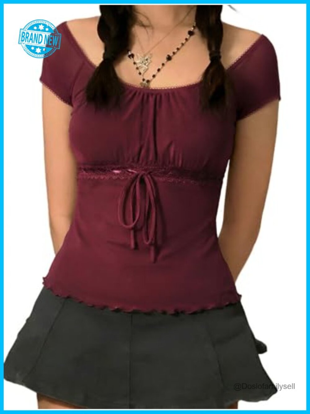 Y2K Mesh Babydoll Top Stretchy Short Sleeve Lace Trim Coquette